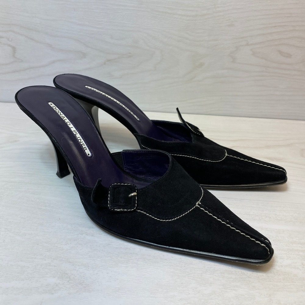Donald J Pliner Womens 8.5 Mules Pointed Toe Black Suede Buckle Stiletto Heels